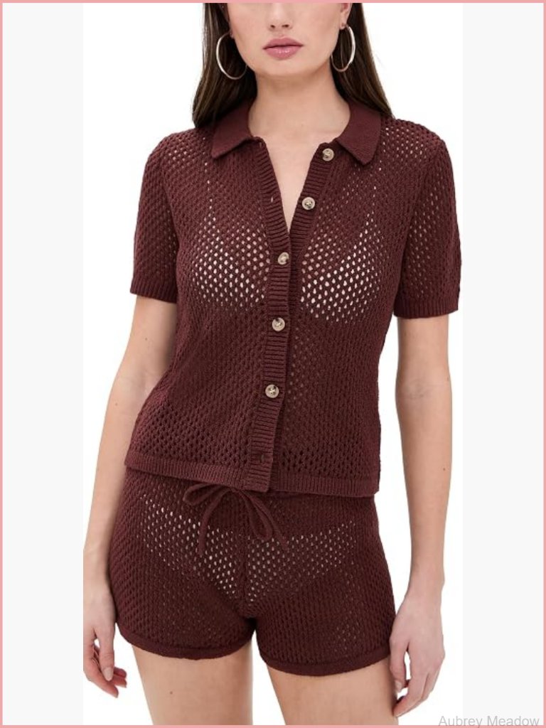 Crochet Knit Button Up Cardigan Short Sleeve Cotton Blend